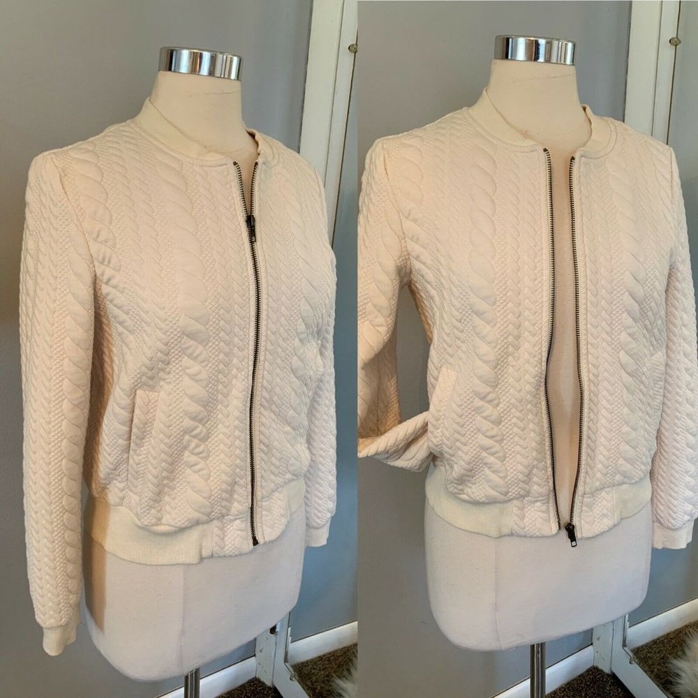 Cropped Ivory Cable knit sweater Jacket Sz S Preppy academia zip front Old Money